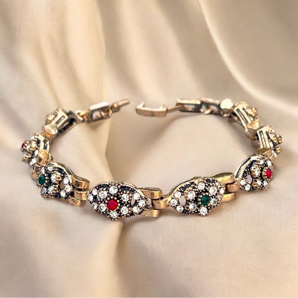 Vintage Gold with Red and Green Gemstone Cluster Bracelet